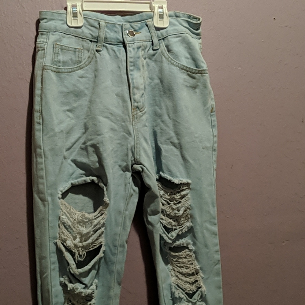 High Waisted Ladder Distressed Jeans